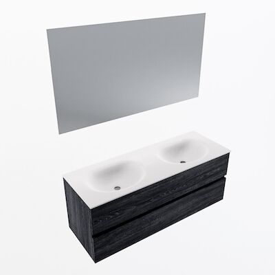 MONDIAZ VICA 130cm badmeubel onderkast Antracite 2 lades. Wastafel Moon dubbel 2 kraangaten, kleur Talc met spiegel LED.
