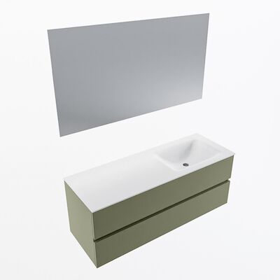 MONDIAZ VICA 130cm badmeubel onderkast Army 2 lades. Wastafel CLOUD rechts zonder kraangat, kleur Talc met spiegel LED.