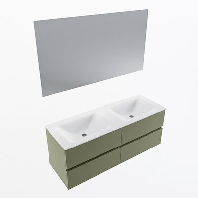 MONDIAZ VICA 130cm badmeubel onderkast Army 4 lades. Wastafel CLOUD dubbel 2 kraangaten, kleur Talc met spiegel LED.