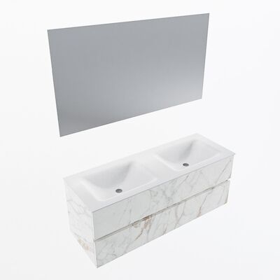 MONDIAZ VICA 130cm badmeubel onderkast Carrara 2 lades. Wastafel CLOUD dubbel 2 kraangaten, kleur Talc met spiegel LED.