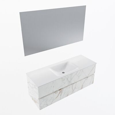 MONDIAZ VICA 130cm badmeubel onderkast Carrara 2 lades. Wastafel CLOUD midden 1 kraangat, kleur Talc met spiegel LED.