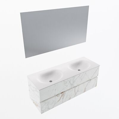 MONDIAZ VICA 130cm badmeubel onderkast Carrara 2 lades. Wastafel Moon dubbel 2 kraangaten, kleur Talc met spiegel LED.