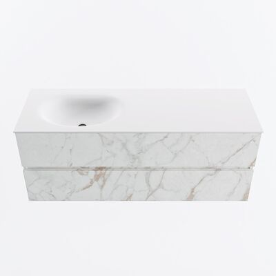 MONDIAZ VICA 130cm badmeubel onderkast Carrara 2 lades. Wastafel MOON links 1 kraangat, kleur Talc.