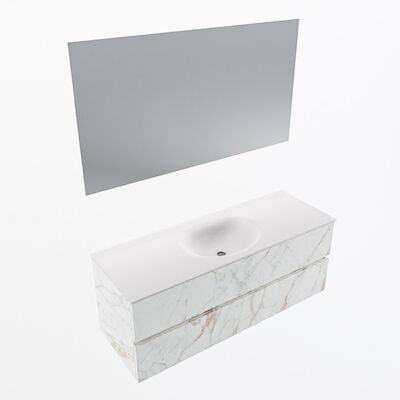 MONDIAZ VICA 130cm badmeubel onderkast Carrara 2 lades. Wastafel Moon midden 1 kraangat, kleur Talc met spiegel LED.