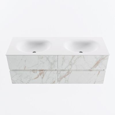 MONDIAZ VICA 130cm badmeubel onderkast Carrara 4 lades. Wastafel MOON dubbel zonder kraangat, kleur Talc.