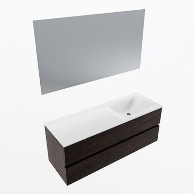 MONDIAZ VICA 130cm badmeubel onderkast Dark Brown 2 lades. Wastafel CLOUD rechts 1 kraangat, kleur Talc met spiegel LED.