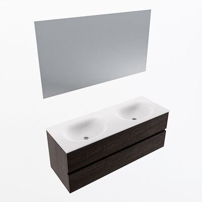 MONDIAZ VICA 130cm badmeubel onderkast Dark Brown 2 lades. Wastafel Moon dubbel zonder kraangat, kleur Talc met spiegel LED.