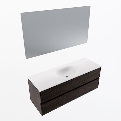 MONDIAZ VICA 130cm badmeubel onderkast Dark Brown 2 lades. Wastafel Moon midden 1 kraangat, kleur Talc met spiegel LED.