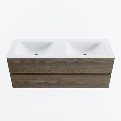MONDIAZ VICA 130cm badmeubel onderkast Dark Brown Grey 2 lades. Wastafel CLOUD dubbel 2 kraangaten, kleur Talc.