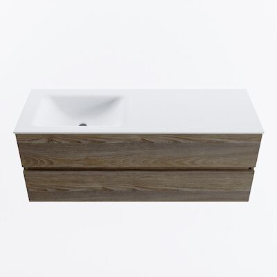 MONDIAZ VICA 130cm badmeubel onderkast Dark Brown Grey 2 lades. Wastafel CLOUD links zonder kraangat, kleur Talc.