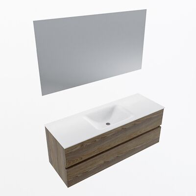 MONDIAZ VICA 130cm badmeubel onderkast Dark Brown Grey 2 lades. Wastafel CLOUD midden zonder kraangat, kleur Talc met spiegel LED.