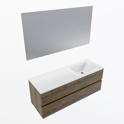MONDIAZ VICA 130cm badmeubel onderkast Dark Brown Grey 2 lades. Wastafel CLOUD rechts 1 kraangat, kleur Talc met spiegel LED.
