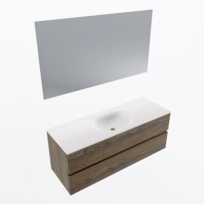 MONDIAZ VICA 130cm badmeubel onderkast Dark Brown Grey 2 lades. Wastafel Moon midden 1 kraangat, kleur Talc met spiegel LED.
