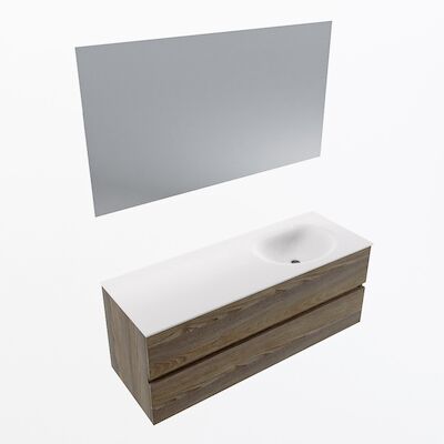 MONDIAZ VICA 130cm badmeubel onderkast Dark Brown Grey 2 lades. Wastafel Moon rechts 1 kraangat, kleur Talc met spiegel LED.