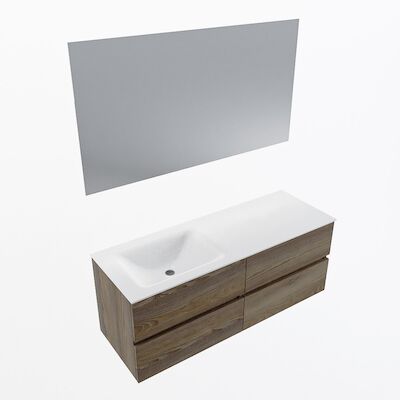 MONDIAZ VICA 130cm badmeubel onderkast Dark Brown Grey 4 lades. Wastafel CLOUD links 1 kraangat, kleur Talc met spiegel LED.
