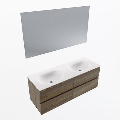 MONDIAZ VICA 130cm badmeubel onderkast Dark Brown Grey 4 lades. Wastafel Moon dubbel 2 kraangaten, kleur Talc met spiegel LED.