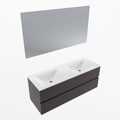 MONDIAZ VICA 130cm badmeubel onderkast Dark Grey 2 lades. Wastafel CLOUD dubbel 2 kraangaten, kleur Talc met spiegel LED.