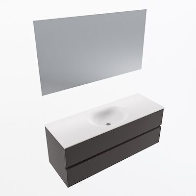 MONDIAZ VICA 130cm badmeubel onderkast Dark Grey 2 lades. Wastafel Moon midden 1 kraangat, kleur Talc met spiegel LED.