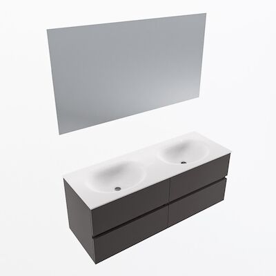 MONDIAZ VICA 130cm badmeubel onderkast Dark Grey 4 lades. Wastafel Moon dubbel 2 kraangaten, kleur Talc met spiegel LED.