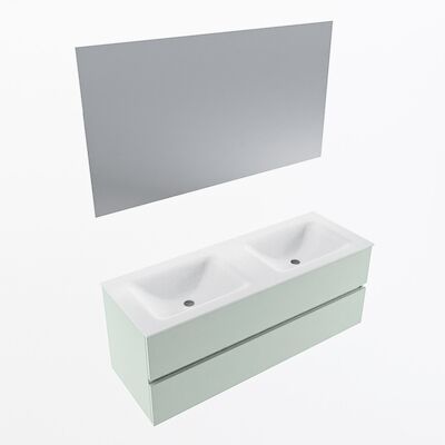 MONDIAZ VICA 130cm badmeubel onderkast Greey 2 lades. Wastafel CLOUD dubbel 2 kraangaten, kleur Talc met spiegel LED.