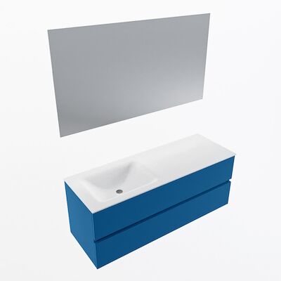 MONDIAZ VICA 130cm badmeubel onderkast Jeans 2 lades. Wastafel CLOUD links zonder kraangat, kleur Talc met spiegel LED.