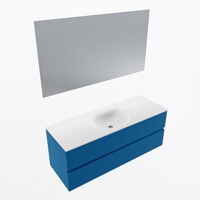 MONDIAZ VICA 130cm badmeubel onderkast Jeans 2 lades. Wastafel Moon midden 1 kraangat, kleur Talc met spiegel LED.