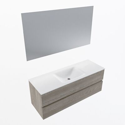 MONDIAZ VICA 130cm badmeubel onderkast Light Brown Grey 2 lades. Wastafel CLOUD midden zonder kraangat, kleur Talc met spiegel LED.