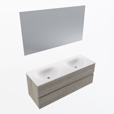 MONDIAZ VICA 130cm badmeubel onderkast Light Brown Grey 2 lades. Wastafel Moon dubbel 2 kraangaten, kleur Talc met spiegel LED.