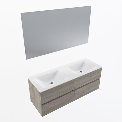 MONDIAZ VICA 130cm badmeubel onderkast Light Brown Grey 4 lades. Wastafel CLOUD dubbel 2 kraangaten, kleur Talc met spiegel LED.