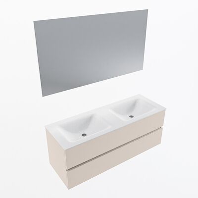 MONDIAZ VICA 130cm badmeubel onderkast Linen 2 lades. Wastafel CLOUD dubbel 2 kraangaten, kleur Talc met spiegel LED.