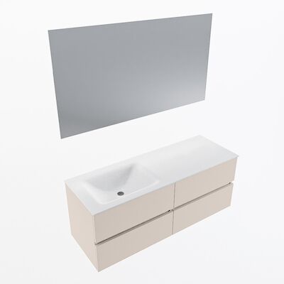 MONDIAZ VICA 130cm badmeubel onderkast Linen 4 lades. Wastafel CLOUD links 1 kraangat, kleur Talc met spiegel LED.