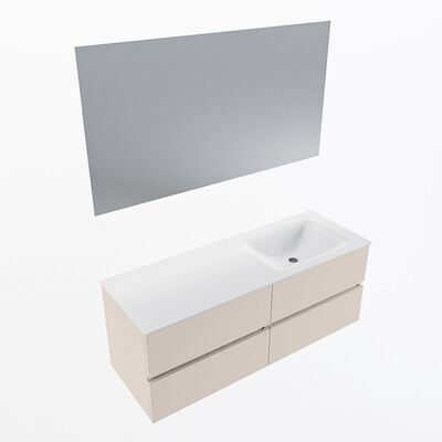 MONDIAZ VICA 130cm badmeubel onderkast Linen 4 lades. Wastafel CLOUD rechts 1 kraangat, kleur Talc met spiegel LED.