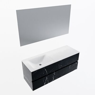 MONDIAZ VICA 130cm badmeubel onderkast Marquina 4 lades. Wastafel CLOUD links zonder kraangat, kleur Talc met spiegel LED.