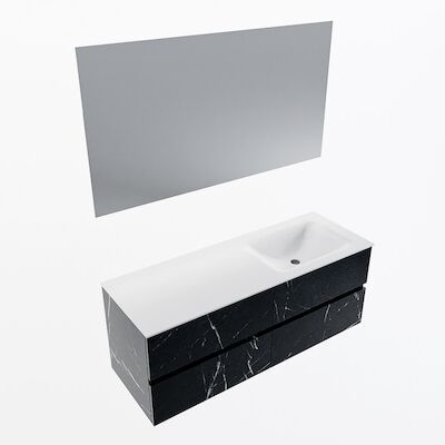 MONDIAZ VICA 130cm badmeubel onderkast Marquina 4 lades. Wastafel CLOUD rechts 1 kraangat, kleur Talc met spiegel LED.