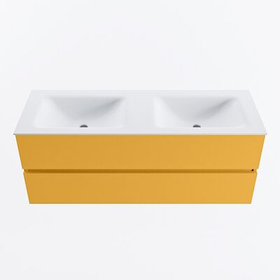 MONDIAZ VICA 130cm badmeubel onderkast Ocher 2 lades. Wastafel CLOUD dubbel 2 kraangaten, kleur Talc.
