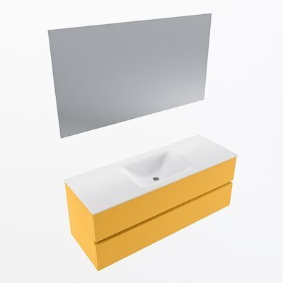 MONDIAZ VICA 130cm badmeubel onderkast Ocher 2 lades. Wastafel CLOUD midden 1 kraangat, kleur Talc met spiegel LED.