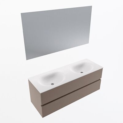 MONDIAZ VICA 130cm badmeubel onderkast Smoke 2 lades. Wastafel Moon dubbel zonder kraangat, kleur Talc met spiegel LED.