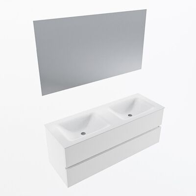 MONDIAZ VICA 130cm badmeubel onderkast Talc 2 lades. Wastafel CLOUD dubbel 2 kraangaten, kleur Talc met spiegel LED.