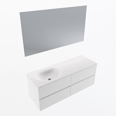 MONDIAZ VICA 130cm badmeubel onderkast Talc 4 lades. Wastafel Moon links zonder kraangat, kleur Talc met spiegel LED.