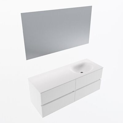 MONDIAZ VICA 130cm badmeubel onderkast Talc 4 lades. Wastafel Moon rechts zonder kraangat, kleur Talc met spiegel LED.