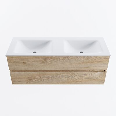 MONDIAZ VICA 130cm badmeubel onderkast Washed Oak 2 lades. Wastafel CLOUD dubbel 2 kraangaten, kleur Talc.