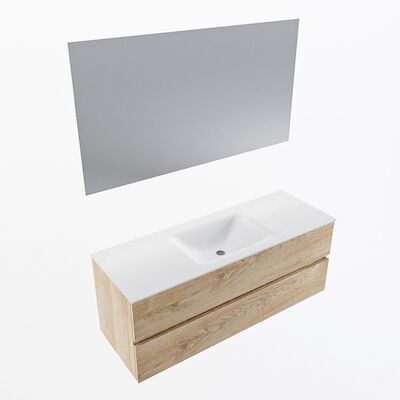 MONDIAZ VICA 130cm badmeubel onderkast Washed Oak 2 lades. Wastafel CLOUD midden zonder kraangat, kleur Talc met spiegel LED.