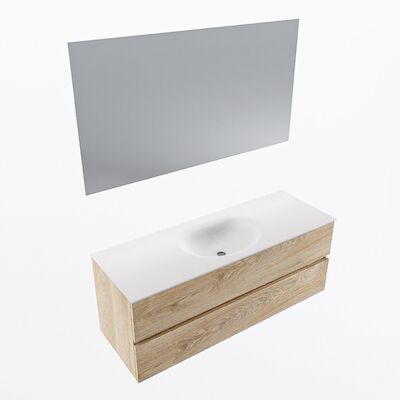 MONDIAZ VICA 130cm badmeubel onderkast Washed Oak 2 lades. Wastafel Moon midden zonder kraangat, kleur Talc met spiegel LED.