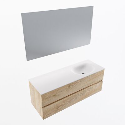 MONDIAZ VICA 130cm badmeubel onderkast Washed Oak 2 lades. Wastafel Moon rechts zonder kraangat, kleur Talc met spiegel LED.