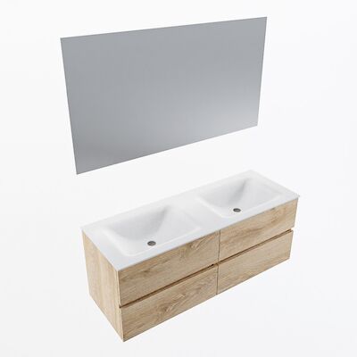 MONDIAZ VICA 130cm badmeubel onderkast Washed Oak 4 lades. Wastafel CLOUD dubbel zonder kraangat, kleur Talc met spiegel LED.