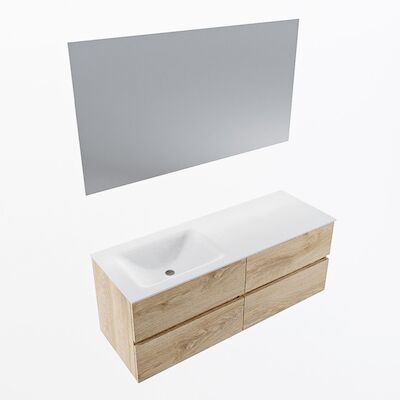 MONDIAZ VICA 130cm badmeubel onderkast Washed Oak 4 lades. Wastafel CLOUD links zonder kraangat, kleur Talc met spiegel LED.