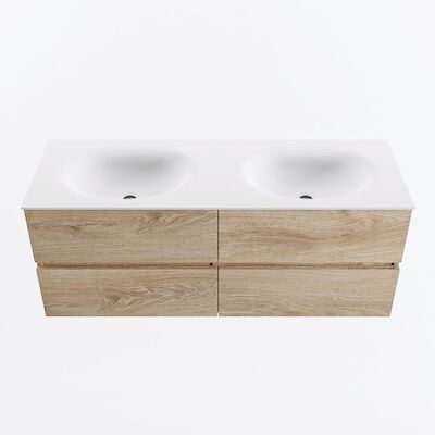 MONDIAZ VICA 130cm badmeubel onderkast Washed Oak 4 lades. Wastafel MOON dubbel 2 kraangaten, kleur Talc.
