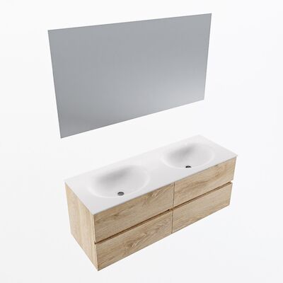 MONDIAZ VICA 130cm badmeubel onderkast Washed Oak 4 lades. Wastafel Moon dubbel zonder kraangat, kleur Talc met spiegel LED.