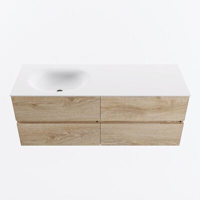 MONDIAZ VICA 130cm badmeubel onderkast Washed Oak 4 lades. Wastafel MOON links 1 kraangat, kleur Talc.