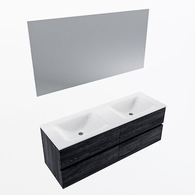 MONDIAZ VICA 140cm badmeubel onderkast Antracite 4 lades. Wastafel CLOUD dubbel 2 kraangaten, kleur Talc met spiegel LED.